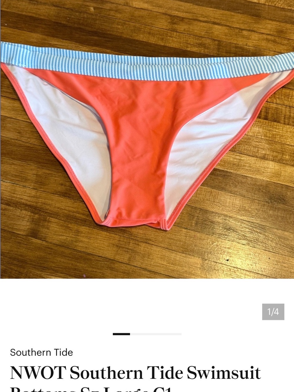 Southern Tide Coral Bikini Bottom with Blue-White Striped Waistband